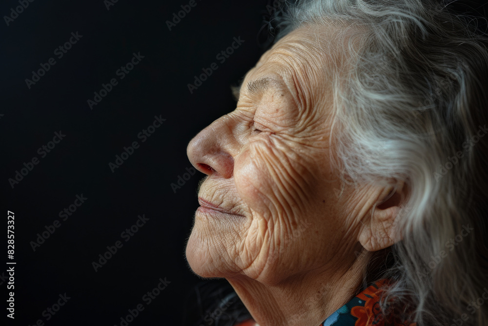 A close up of a woman's face with her eyes closed looking to a side A close up of a woman's face with her eyes closed looking to a side