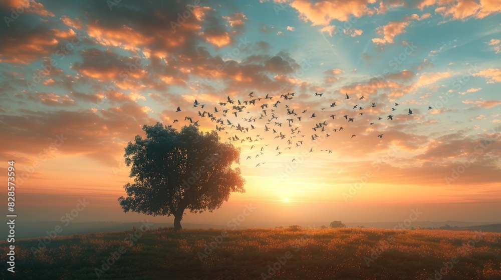 Fototapeta premium Birds flying over a tree on a hill, suitable for nature themes
