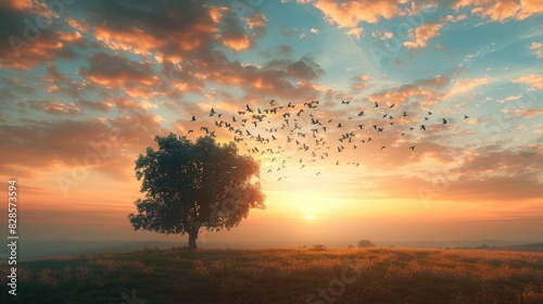 Birds flying over a tree on a hill, suitable for nature themes