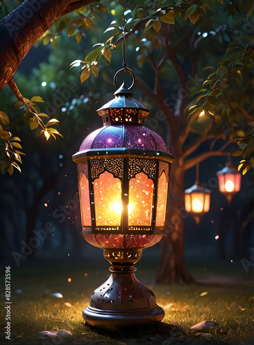 Islamic Background for Eid Mubarak Lantern Mosque Golden Crescent 3d clouds AI generated 