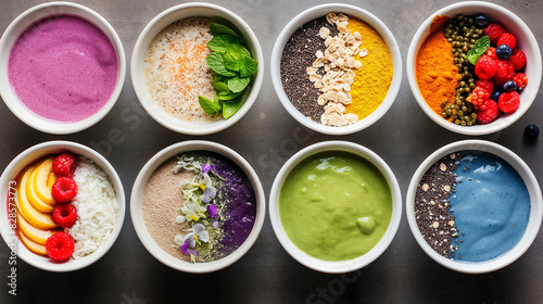 An overhead shot of colorful smoothie bowls delivered to a doorstep. Dynamic and dramatic composition  with cope space