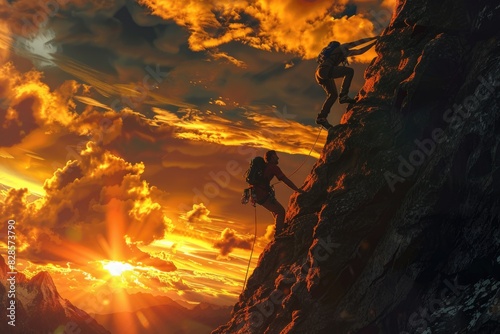 A group of people climbing up a mountain at sunset. Ideal for outdoor adventure and teamwork concepts