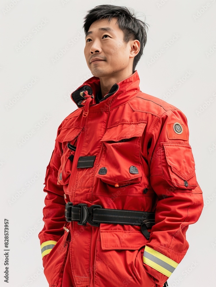Smiling happy Asian man in red fireman uniform. Studio lighting, isolated on white background. Smiling happy Asian man in red fireman uniform. Studio lighting, isolated on white background.
