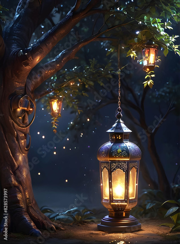 Islamic Background for Eid Mubarak Lantern Mosque Golden Crescent 3d clouds AI generated 