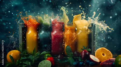 A delivery box filled with colorful, freshly pressed juices. Dynamic and dramatic composition, with cope space photo