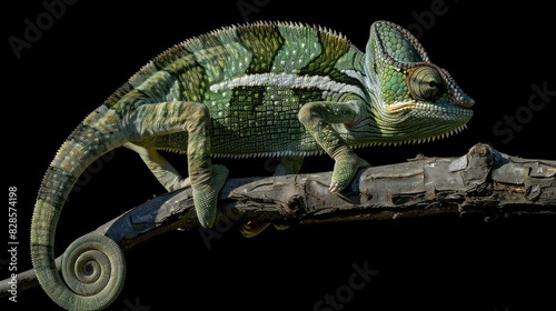 A vibrant green and white chameleon perched on a tree branch. Perfect for nature and wildlife themes