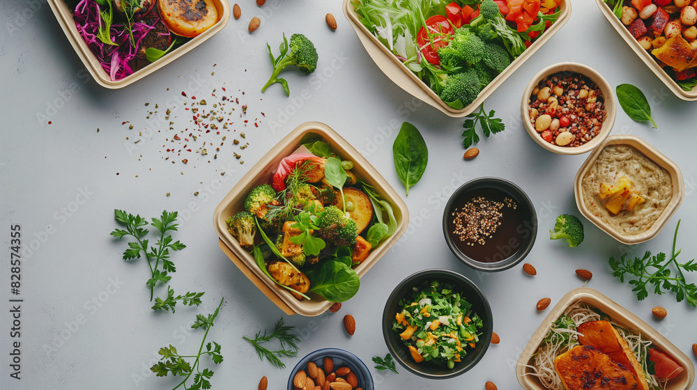 A variety of vegan dishes delivered in a neatly arranged package. Dynamic and dramatic composition, with cope space