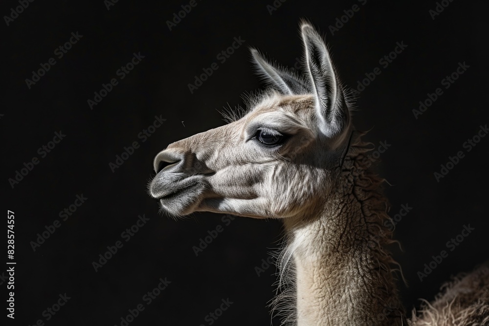 Obraz premium Detailed shot of a llama against a dark backdrop. Suitable for animal or nature themes