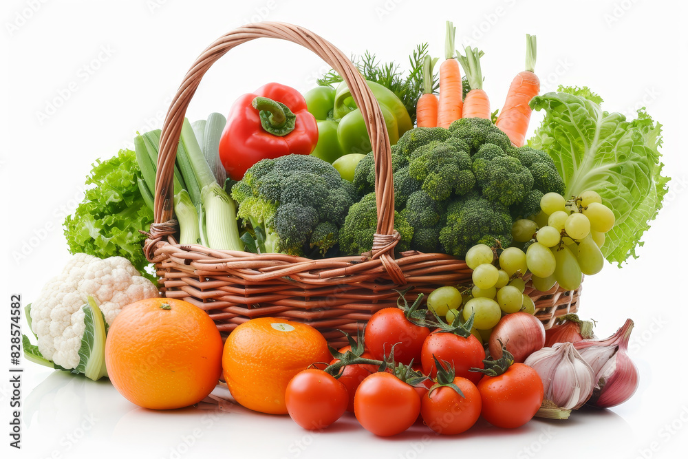 Fresh organic frbroccoli, grocery, lettuce, tomato, vegetable, carrot, ingredient, basket, cabbage, detox, wicker, food, fruit, organic, buy, crop, cut out, full, huits and vegetables in wicker basket Fresh organic frbroccoli, grocery, lettuce, tomato, vegetable, carrot, ingredient, basket, cabbage, detox, wicker, food, fruit, organic, buy, crop, cut out, full, huits and vegetables in wicker basket