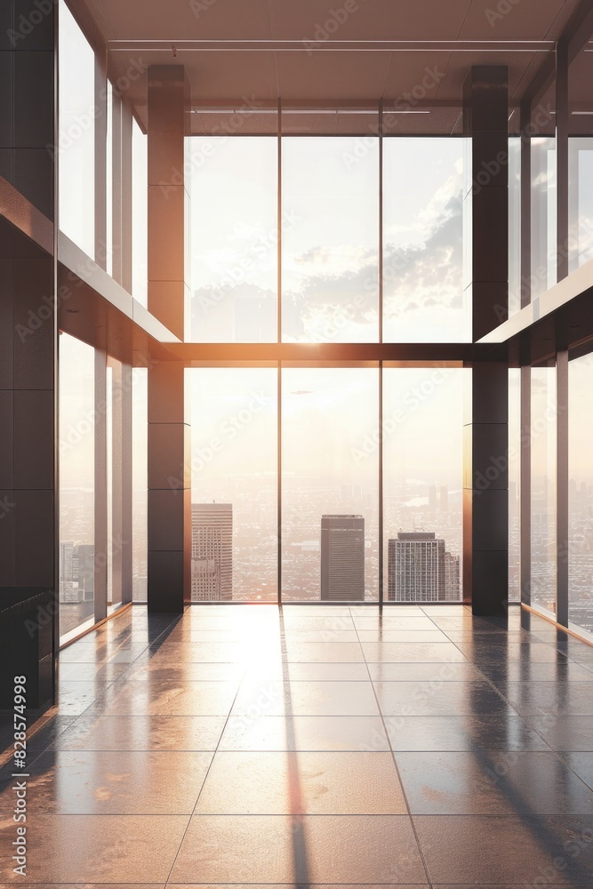 Fototapeta premium An empty room with a view of a city. Suitable for real estate or interior design concepts