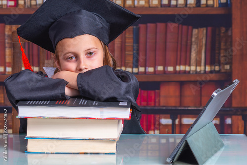 Young beautiful happy female student wearing academic dress and graduation cap. Education, learning, school, higher school, bachelor's degree, master's degree concept. VHorizontal image. photo