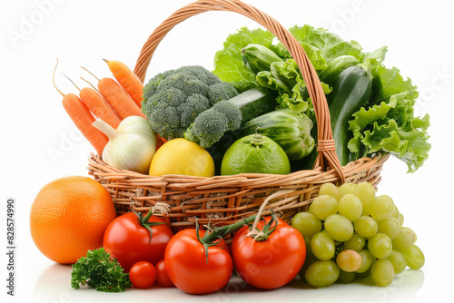 Fresh organic frbroccoli, grocery, lettuce, tomato, vegetable, carrot, ingredient, basket, cabbage, detox, wicker, food, fruit, organic, buy, crop, cut out, full, huits and vegetables in wicker basket