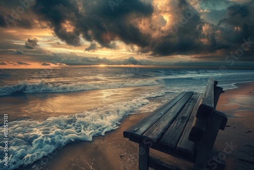 A wooden bench placed on a sandy beach, suitable for various outdoor concepts