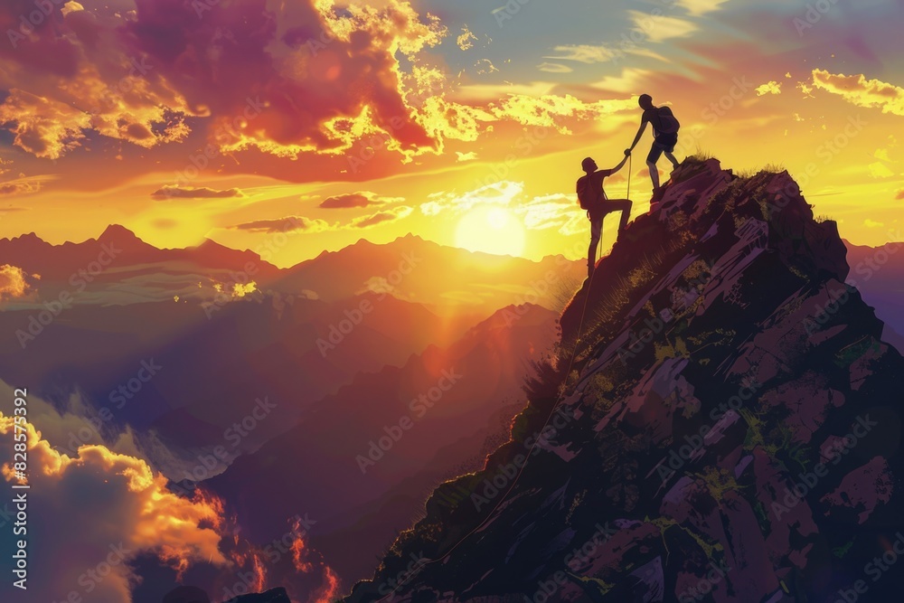A romantic couple standing on a mountain peak. Suitable for travel and adventure concepts