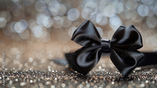 A close-up of a black bow on a shiny surface. Perfect for fashion or gift wrapping concepts photo