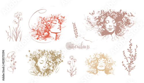 Vector set of line drawings of decorated women's heads with flowers, plants and leaves. Detailed trendy design for natural products, wall art, social media, prints, invitations and branding design.