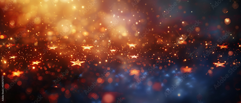 Naklejka premium colorful starry bokeh background with golden stars and glowing lights on dark blue red orange color gradient background