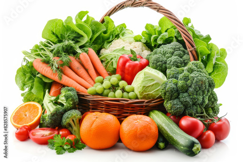 Fresh organic frbroccoli, grocery, lettuce, tomato, vegetable, carrot, ingredient, basket, cabbage, detox, wicker, food, fruit, organic, buy, crop, cut out, full, huits and vegetables in wicker basket