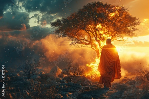 A man in a robe standing in front of a tree. Suitable for spiritual or nature themes