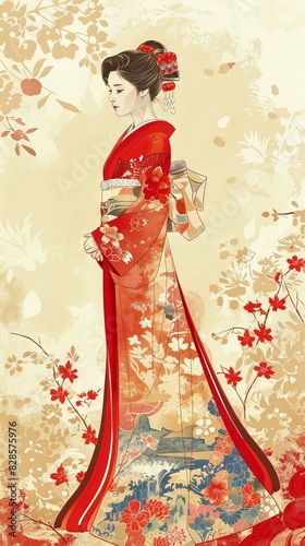 A Japanese woman wearing a red kimono with floral patterns and a white obi