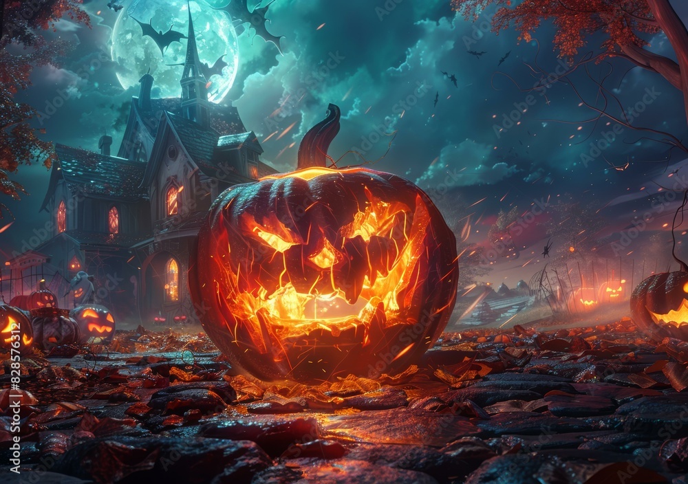Spooky Halloween Pumpkin Carved with Full Moon and Bats in the Night Forest Spooky Halloween Pumpkin Carved with Full Moon and Bats in the Night Forest