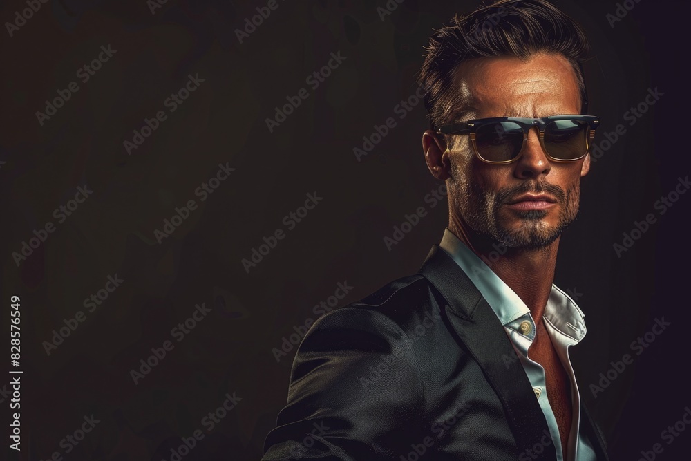 A man in a suit and sunglasses posing for a picture. Suitable for business and fashion concepts A man in a suit and sunglasses posing for a picture. Suitable for business and fashion concepts
