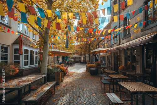 Oktoberfest street festival with colorful bunting and tables. Festive atmosphere with cobblestone pathway  traditional architecture  and seasonal decorations.
