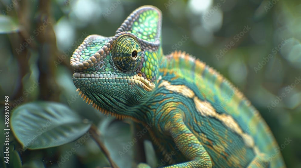 Fototapeta premium Close-up shot of a colorful chameleon perched on a tree branch. Suitable for nature and wildlife themes