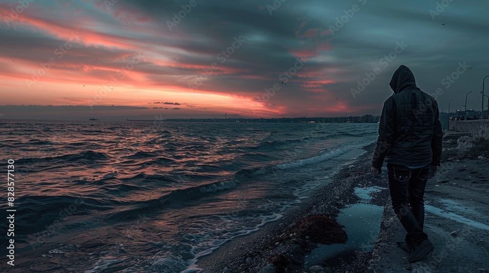 Fototapeta premium A person standing on a beach next to the ocean. Suitable for travel and relaxation concepts