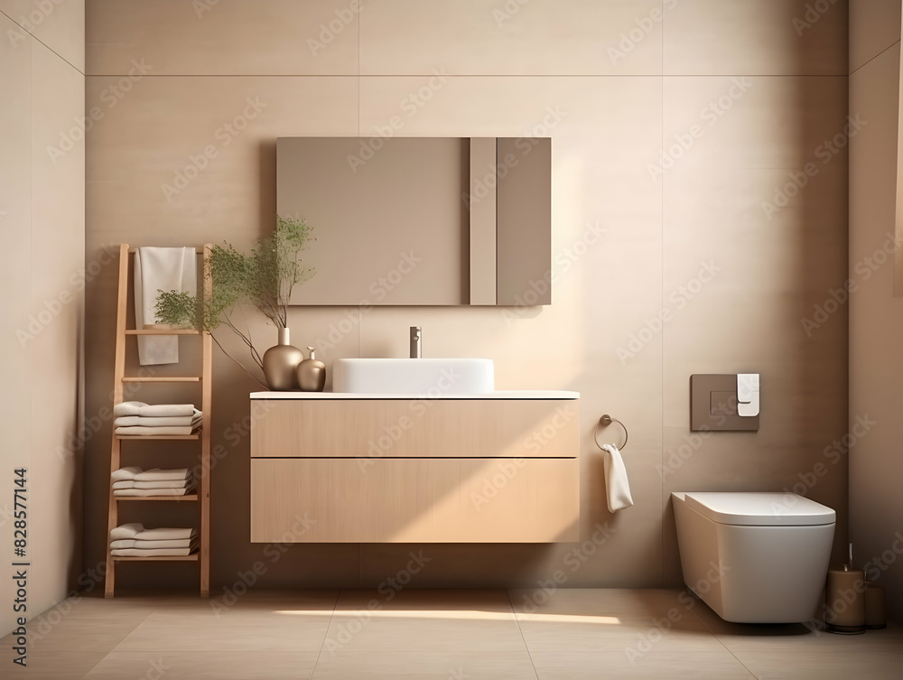 Modern and minimal Bathroom interior design, Modern minimalist bathroom interior, modern bathroom cabinet, white sink, wooden vanity, interior plants, bathroom accessories, bathtub and shower