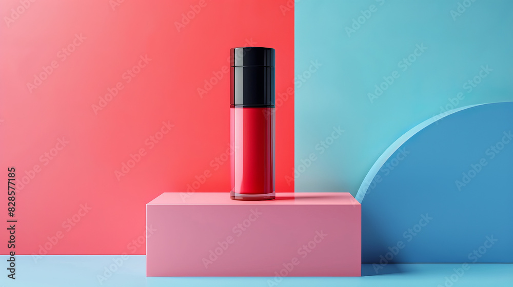A bottle of red nail polish is sitting on a pink and blue platform A bottle of red nail polish is sitting on a pink and blue platform