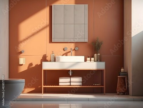 Modern and minimal Bathroom interior design  Modern minimalist bathroom interior  modern bathroom cabinet  white sink  wooden vanity  interior plants  bathroom accessories  bathtub and shower