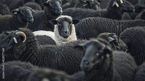 An artistic depiction of a white sheep standing out in a herd of black sheep, symbolizing individuality and bravery. Suitable for various uses including articles, posters, and digital content.