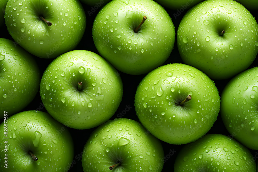 Fresh green apple background pattern close up, top view., photography, realistic style, many large, bright, juicy, beautiful, ripe Fresh green apple background pattern close up, top view., photography, realistic style, many large, bright, juicy, beautiful, ripe
