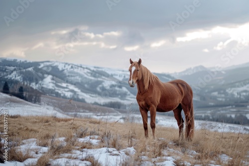 A beautiful brown horse standing in a snow covered field. Perfect for winter themed projects © Fotograf