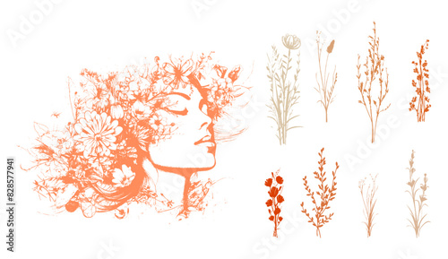 Vector set of line drawings of decorated women's heads with flowers, plants and leaves. Detailed trendy design for natural products, wall art, social media, prints, invitations and branding design.