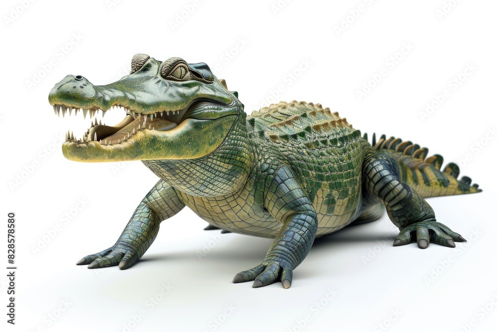 Toy alligator sitting on a white surface, suitable for children's toy store advertisement Toy alligator sitting on a white surface, suitable for children's toy store advertisement
