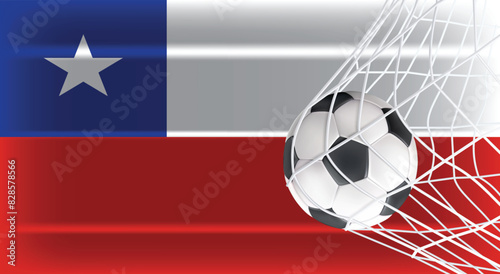 Soccer or Football ball in Goal Net Isolated on Chile Shaded Flag, Sports Accessory Equipment for Playing Game, Championship and Competition Design Element Realistic 3D Vector File