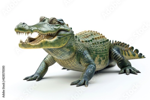 Toy alligator sitting on a white surface  suitable for children s toy store advertisement