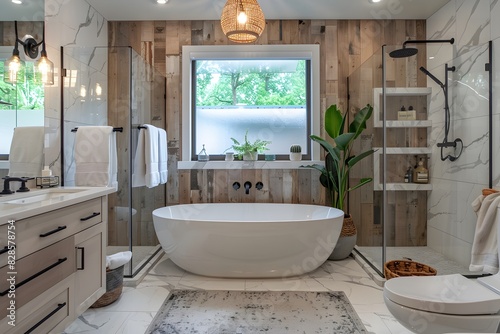 Modern bathroom interior with minimalist shower and lighting  sink towels and bathtub  Designed freestanding bath in white modern bathroom  and designer fixtures