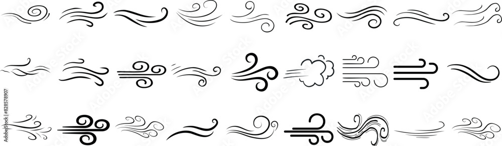 Fototapeta premium Wind line doodle symbols, breeze icons, swirl patterns, decorative air element designs in various styles. Perfect for weather apps, graphic design, and illustration projects