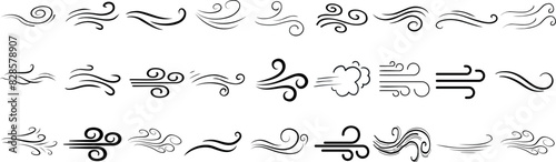 Wind line doodle symbols, breeze icons, swirl patterns, decorative air element designs in various styles. Perfect for weather apps, graphic design, and illustration projects