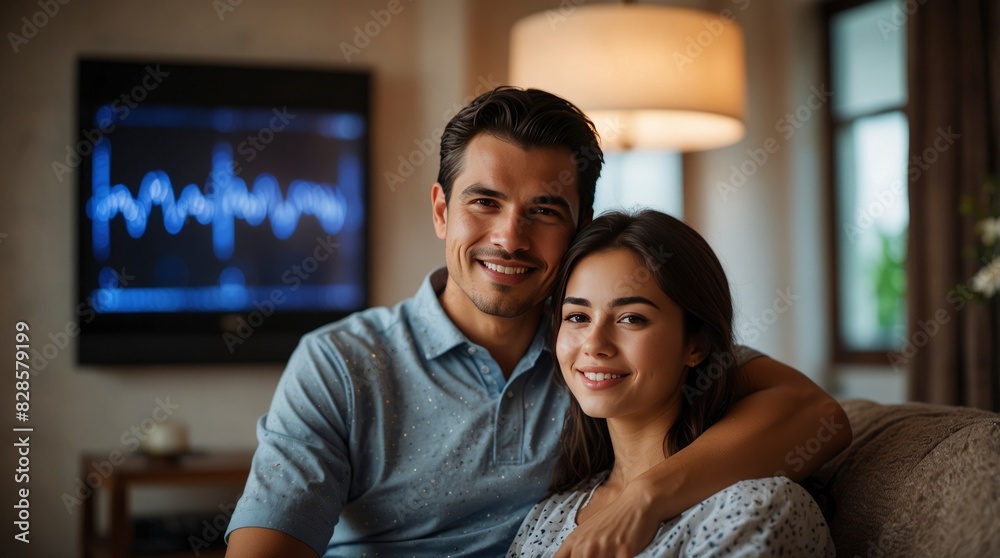 Young family adjusts AC temperature, enjoying comfort at home