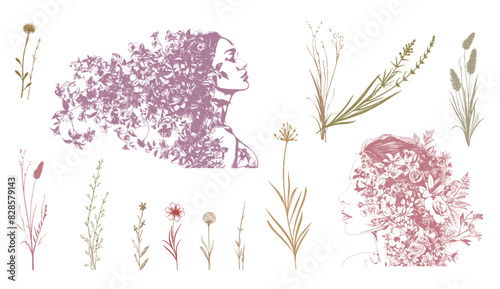 Vector set of line drawings of decorated women's heads with flowers, plants and leaves. Detailed trendy design for natural products, wall art, social media, prints, invitations and branding design.