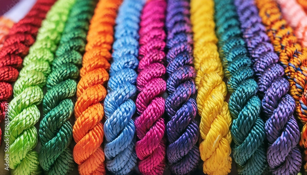 Close-up of multicolored braided ropes, emphasizing the detailed weave and texture, with a focus on the interplay of colors Close-up of multicolored braided ropes, emphasizing the detailed weave and texture, with a focus on the interplay of colors