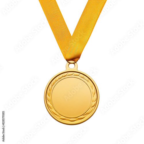 A round golden medallion with a yellow lanyard mockup on an isolated background