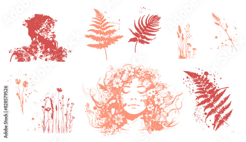 Vector set of line drawings of decorated women's heads with flowers, plants and leaves. Detailed trendy design for natural products, wall art, social media, prints, invitations and branding design.