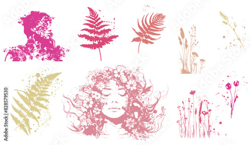 Vector set of line drawings of decorated women's heads with flowers, plants and leaves. Detailed trendy design for natural products, wall art, social media, prints, invitations and branding design.