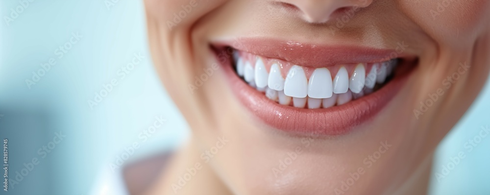 Closeup of beautiful woman smile. Banner with copyspace. Shallow depth of field. 