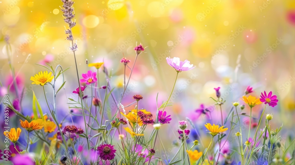 Wildflowers creating a floral abstract background in a summer meadow with blurred natural surroundings